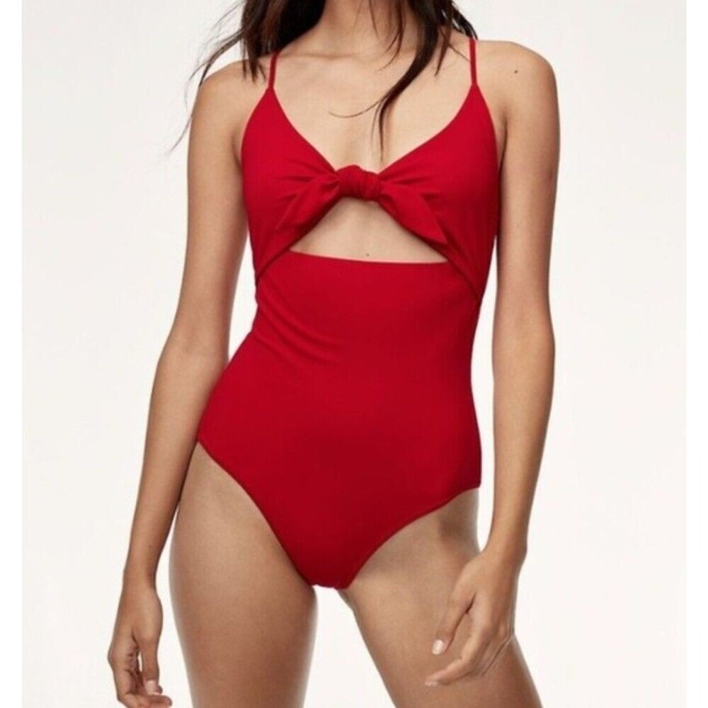 Wilfred Aritzia Red Bow Tie Cutout One Piece Swimsuit Womens Size Small Bodysuit